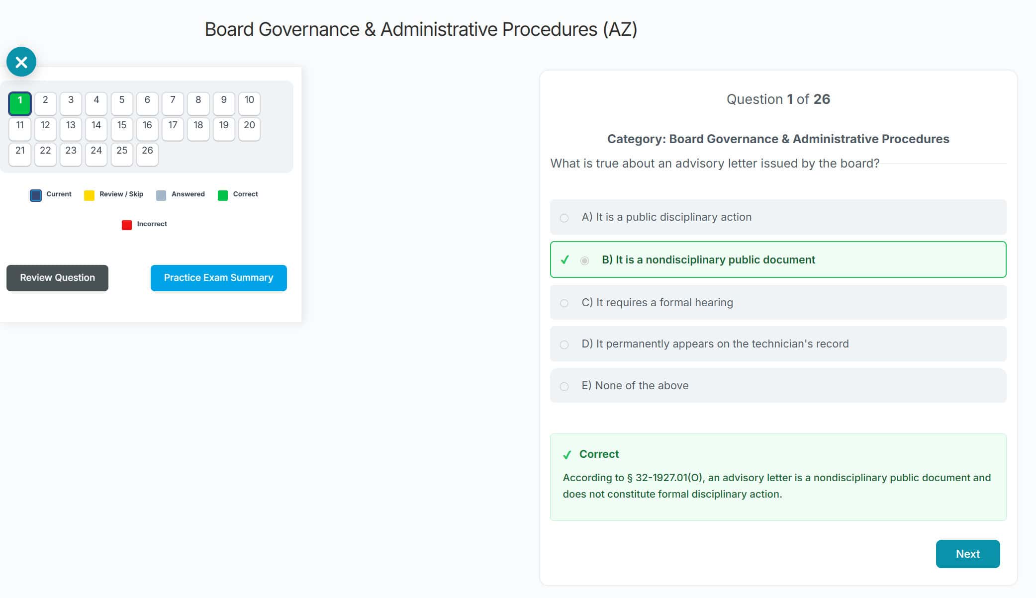 State-specific MPJE practice test interface